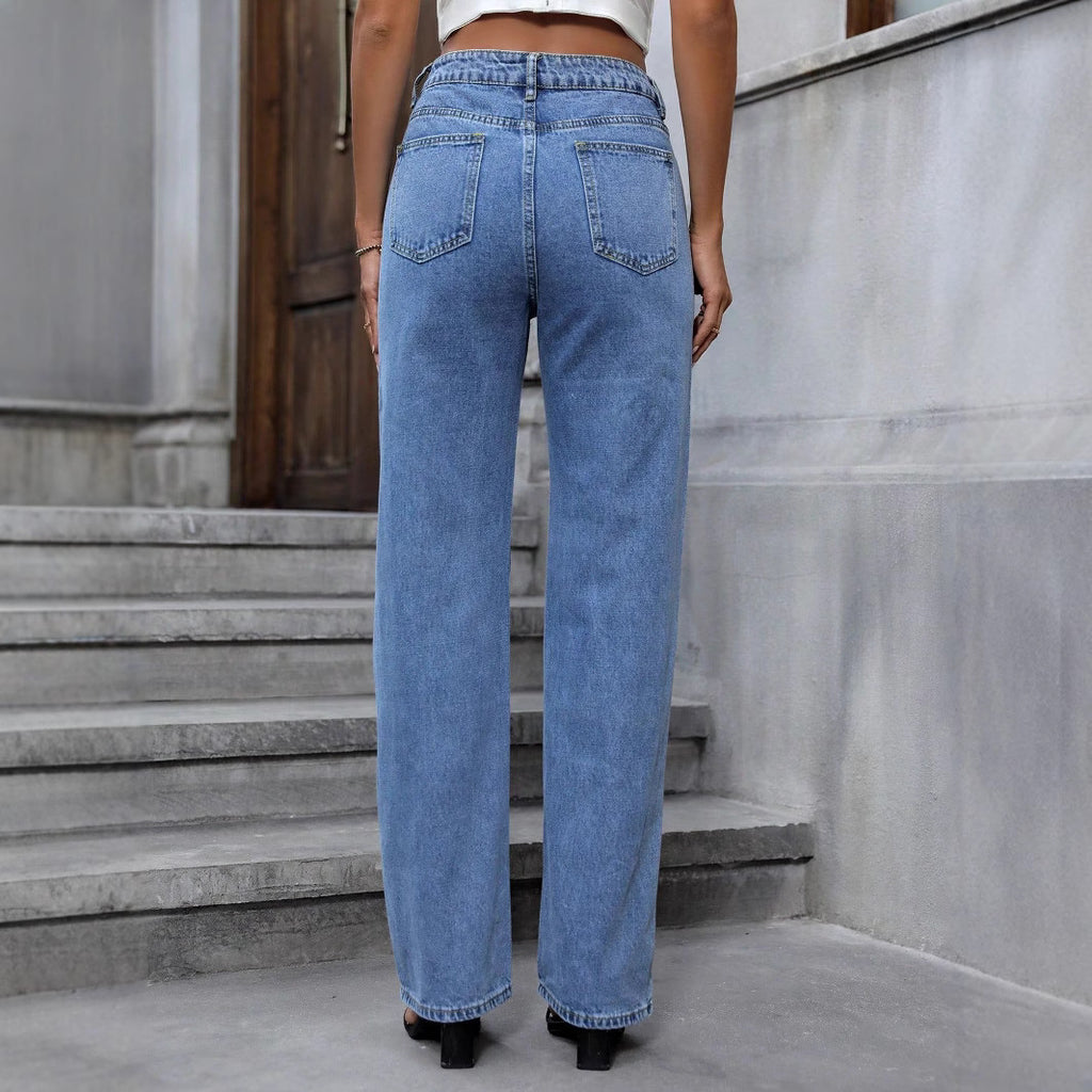 Women's High-Waisted Straight-Leg Jeans with Star Glitter Print and Five-Pocket Design Fashion Glam
