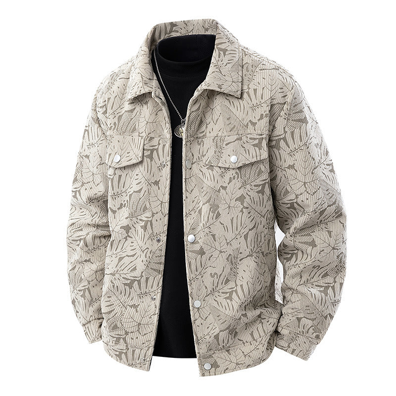 Men's cord overshirt with floral textured print, chest pockets, and relaxed fit Fashion Glam