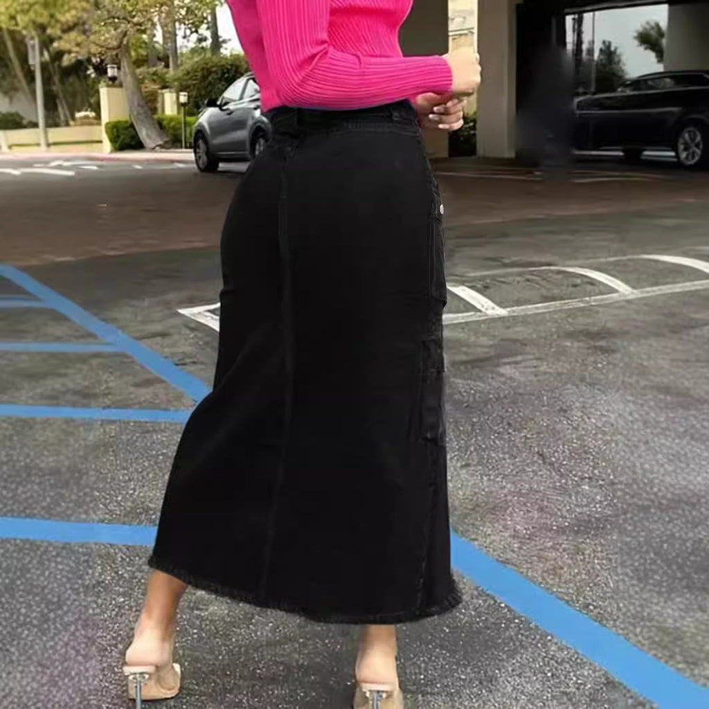 Ladies High-Waist Cargo Denim Midi Skirt with Front Slit Fashion Glam