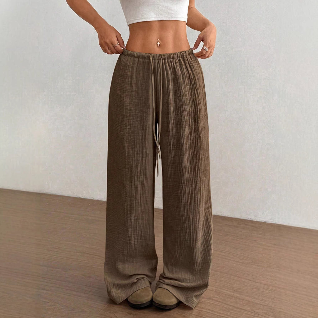 Women Lightweight Linen Look Pants with Wide Leg, Elastic Waistband and Drawstring Fashion Glam