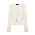 Women Asymmetrical Boucle Cardigan with V-Neck and Decorative Button Placket Fashion Glam