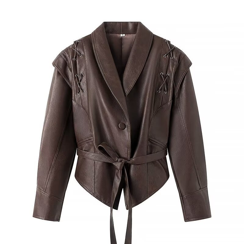 Women's Tailored Leather Jacket with Ties and Emphasized Shoulder Area Fashion Glam
