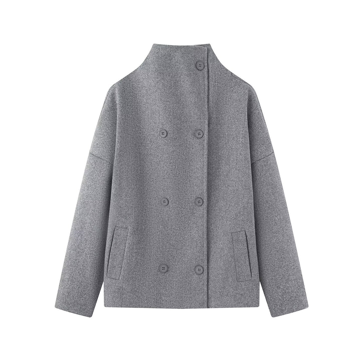 Women's Boxy Wool Jacket in Cocoon Cut with Stand-up Collar and Double-breasted Button Placket Fashion Glam
