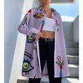 Women's Oversized Long Blouse with Pop Art Print, Shirt Collar and Continuous Button Placket Fashion Glam