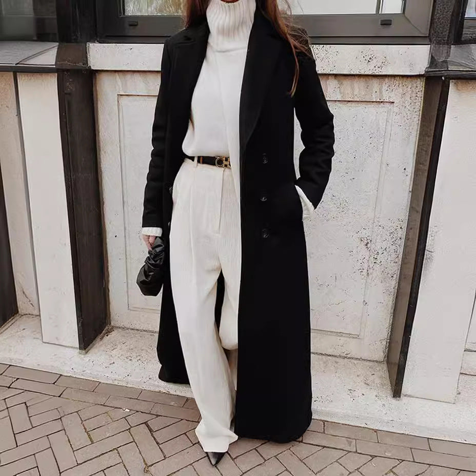 Women classic maxi coat with elegant pleats and pockets Fashion Glam