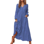 Ladies Long Tiered Dress made of Linen Blend with V-Neck and Side Pockets Fashion Glam