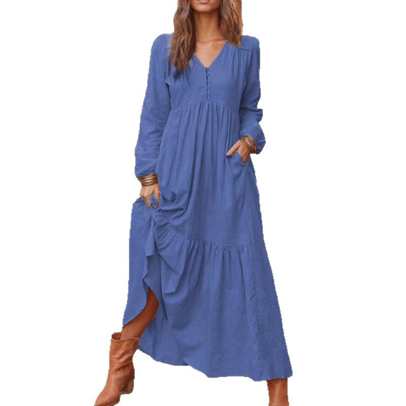 Ladies Long Tiered Dress made of Linen Blend with V-Neck and Side Pockets Fashion Glam