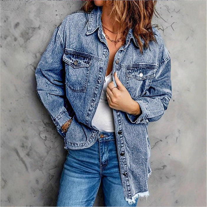 Women's Oversized Denim Jacket with Flap Pockets, Used Look and Raw Hem Fashion Glam