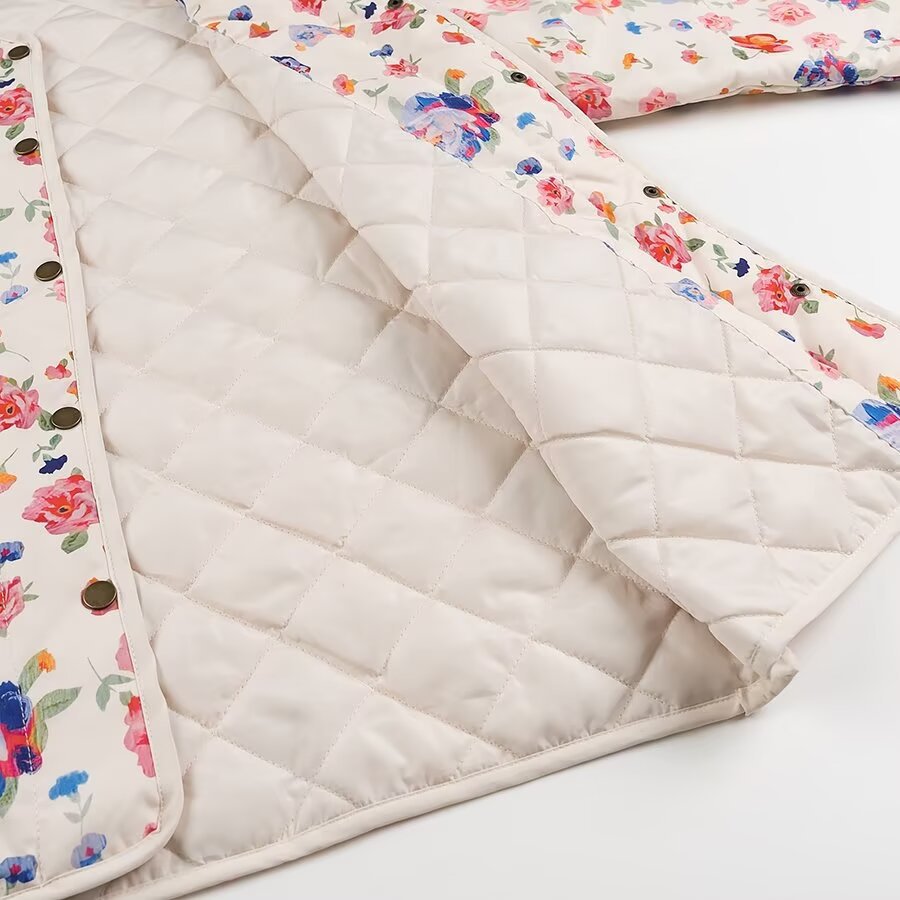 Women Lightweight Quilted Transitional Jacket with Floral Allover Print, Round Neck and Flap Pockets Fashion Glam