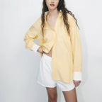 Women Oversized Shirt Blouse with Contrast Collar and Cuffs Fashion Glam