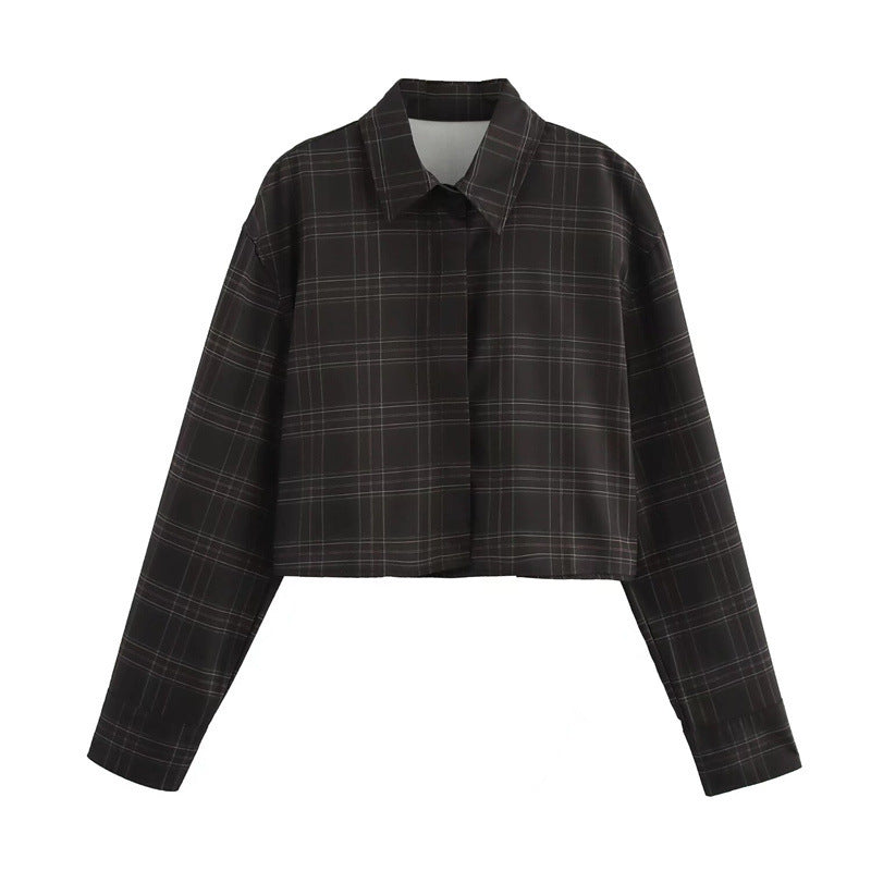 Women's Cropped Boxy Shirt Jacket in Checkered Pattern with Concealed Button Placket Fashion Glam