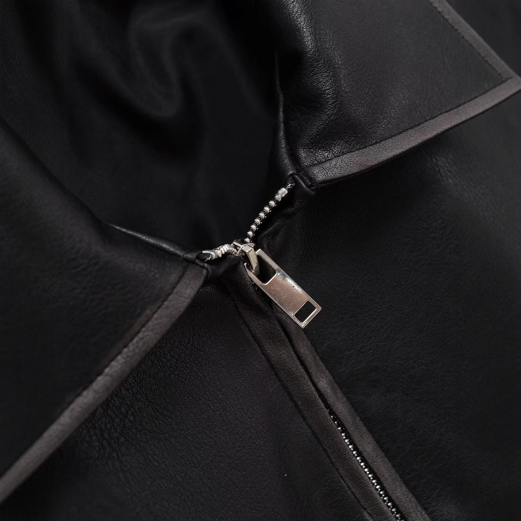 Women's Short Boxy Leather Look Jacket with Zip and Large Flap Pockets Fashion Glam