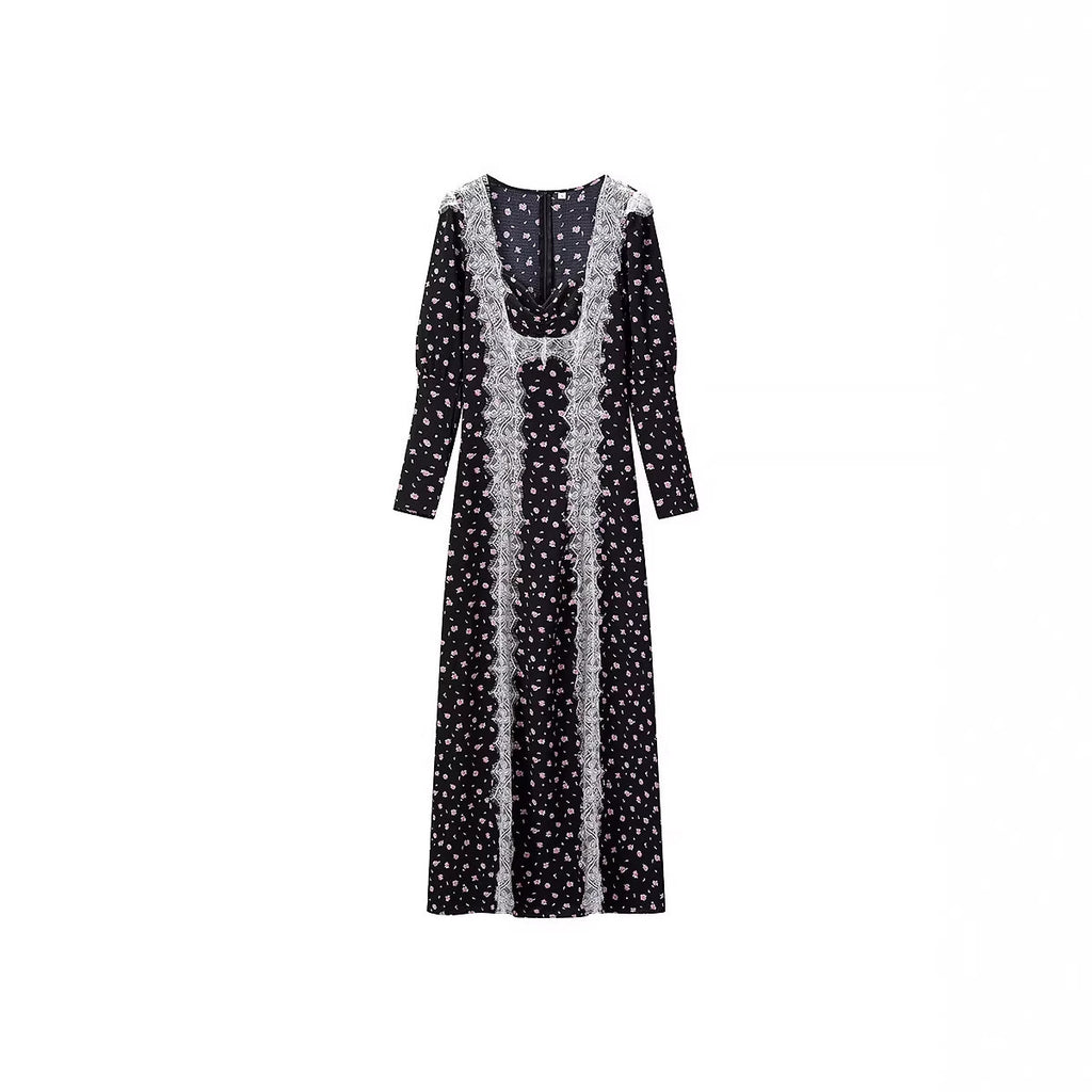 Women's maxi dress in boho style with vertical lace panels and loose U-neckline Fashion Glam