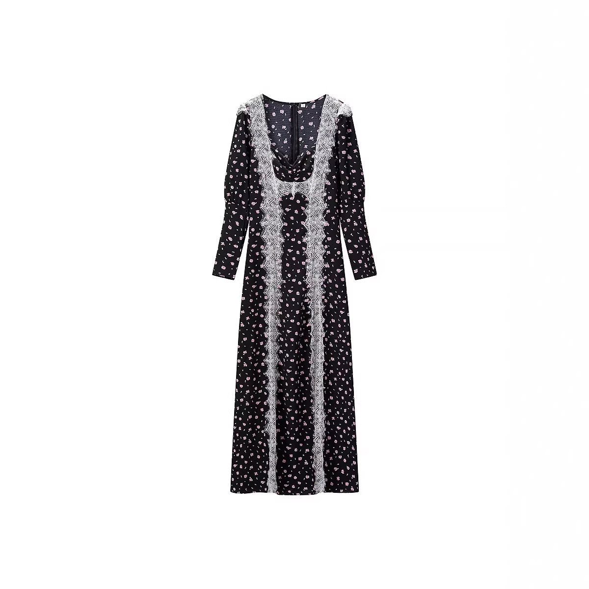 Women's maxi dress in boho style with vertical lace panels and loose U-neckline Fashion Glam