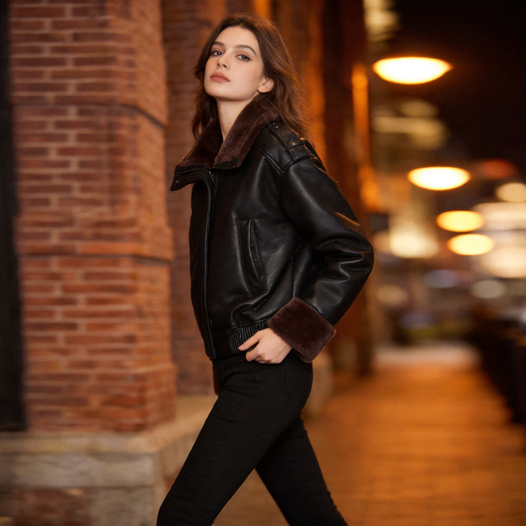 Women short-cut pilot jacket made of leather look with soft fur collar Fashion Glam