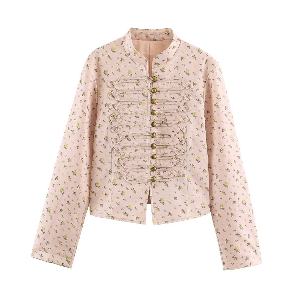 Women Cropped Satin Jacket in Military Style with Decorative Frog Trim Fashion Glam