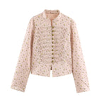 Women Cropped Satin Jacket in Military Style with Decorative Frog Trim Fashion Glam