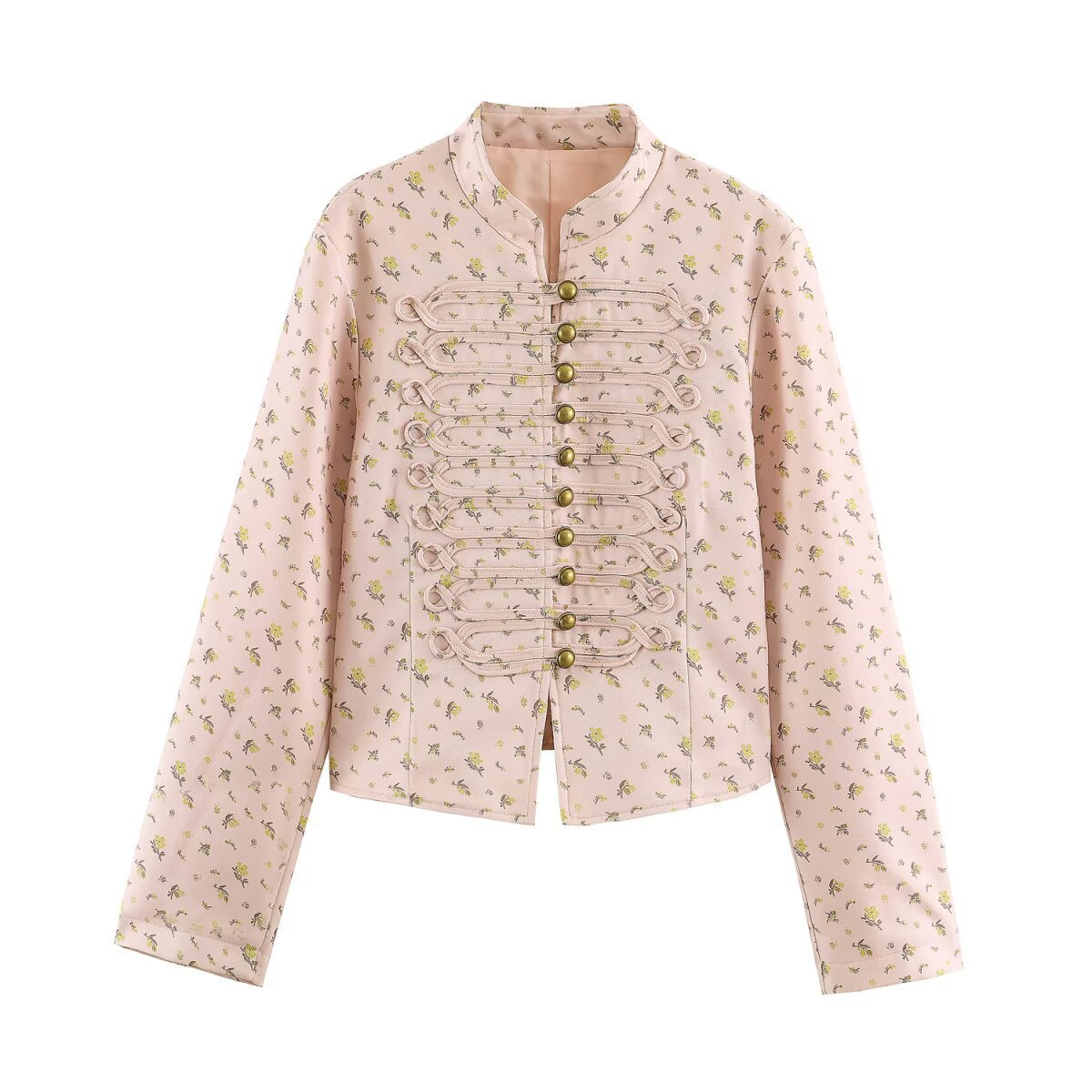 Women Cropped Satin Jacket in Military Style with Decorative Frog Trim Fashion Glam