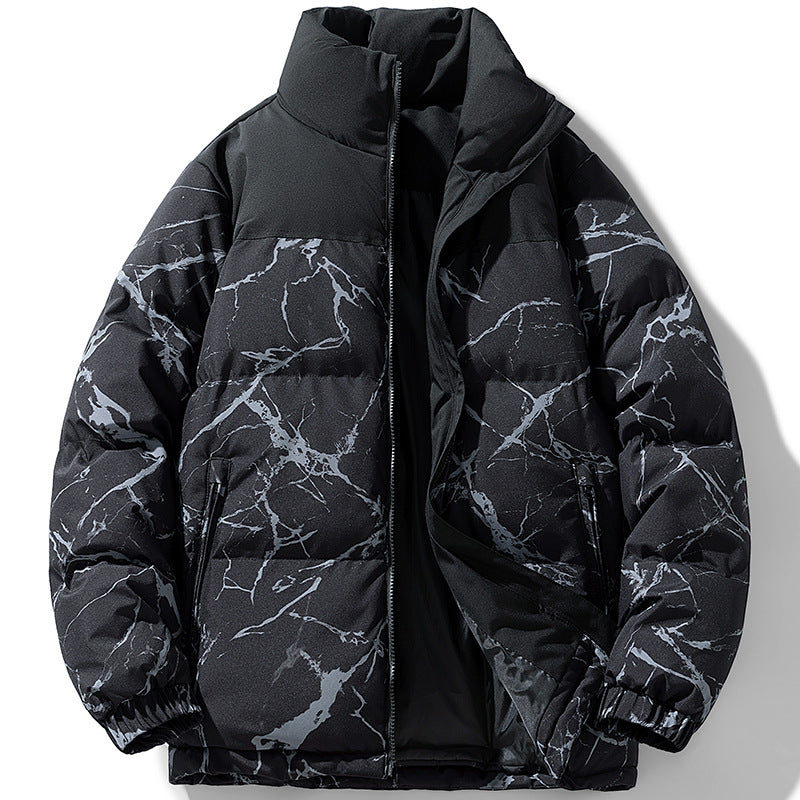 Men's padded quilted jacket with marble print, high stand collar and windproof exterior Fashion Glam
