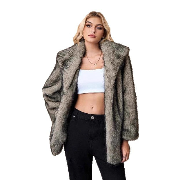 Women Short Faux-Fur Coat with Wide Shawl Collar, Open Front and Pockets Fashion Glam