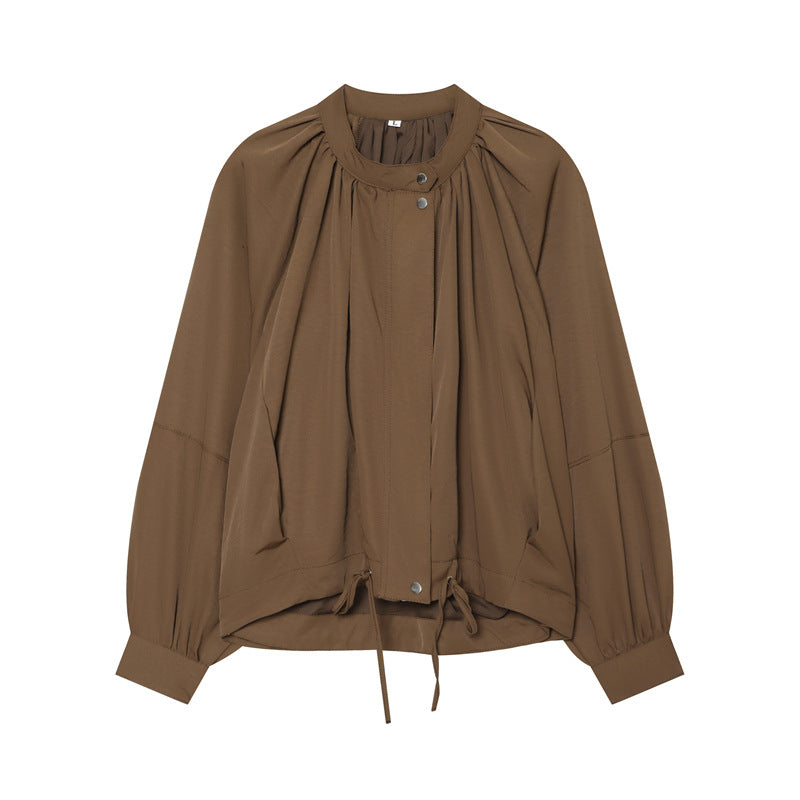 Women's Lightweight Blouson Jacket with Gathered Stand Collar, Balloon Sleeves, and Drawstring Fashion Glam