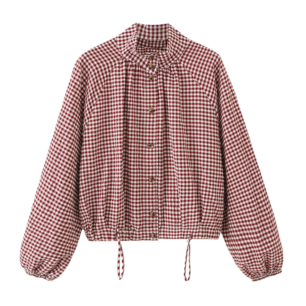 Women's Checked Oversize Blouson with Drawstring and Stand Collar Fashion Glam