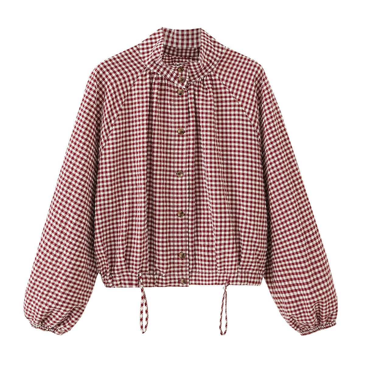 Women's Checked Oversize Blouson with Drawstring and Stand Collar Fashion Glam