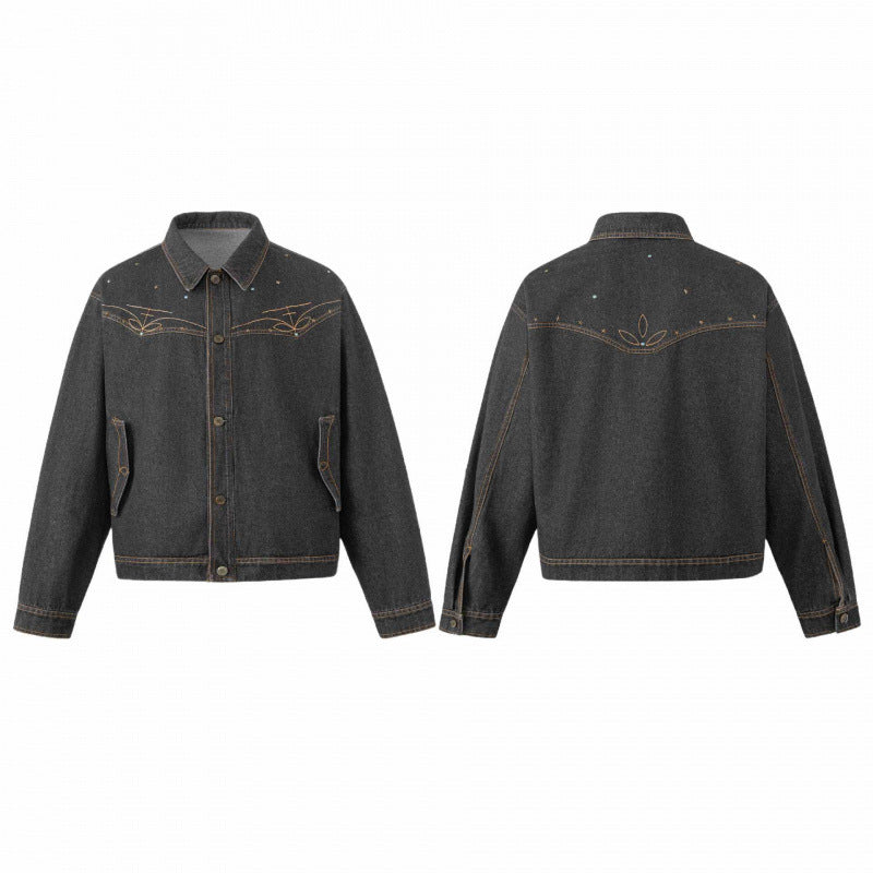Unisex Oversize Denim Jacket in Boxy Cut with Western Embroidery and Flap Pockets Fashion Glam