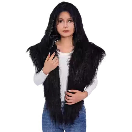 Women’s hooded scarf vest made of long-haired artificial fur Fashion Glam