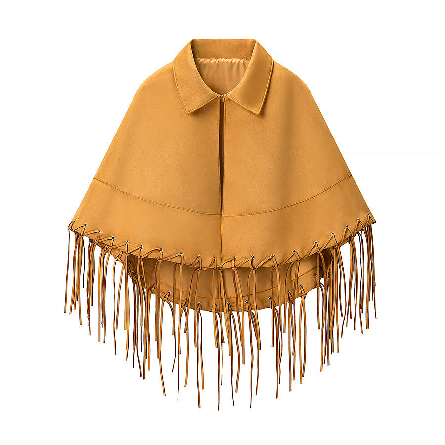 Women Fringe Cape made of Suede Imitation with Eyelets and Lapel Collar Fashion Glam