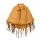 Women Fringe Cape made of Suede Imitation with Eyelets and Lapel Collar Fashion Glam