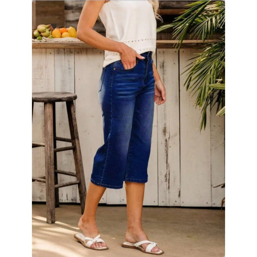 Women High-Waisted Culotte Jeans with Wide Leg and Five-Pocket Design Fashion Glam
