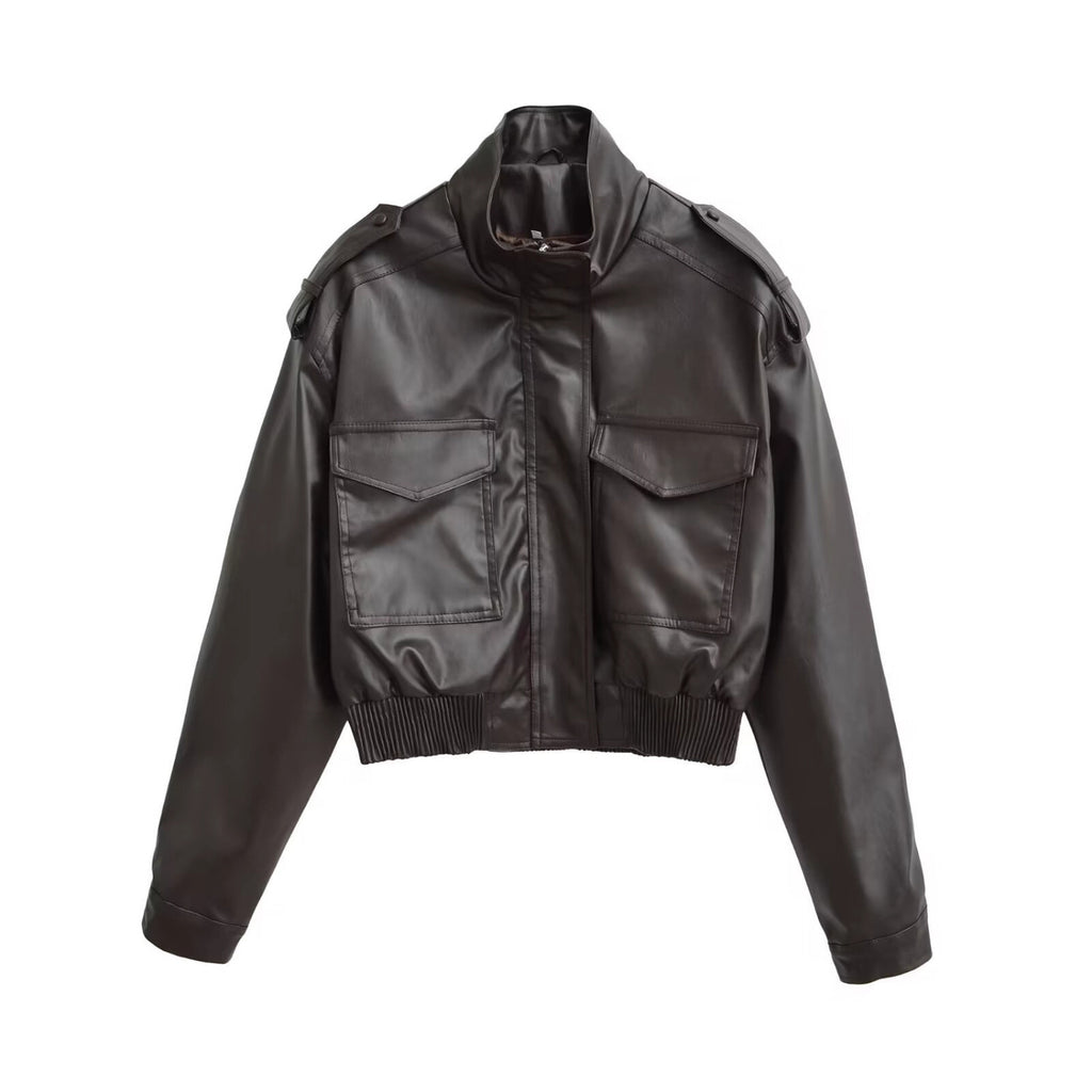 Women's Short PU Leather Bomber Jacket with High Stand-Up Collar, Flap Pockets and Shoulder Epaulettes Fashion Glam