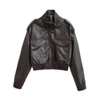 Women's Short PU Leather Bomber Jacket with High Stand-Up Collar, Flap Pockets and Shoulder Epaulettes Fashion Glam