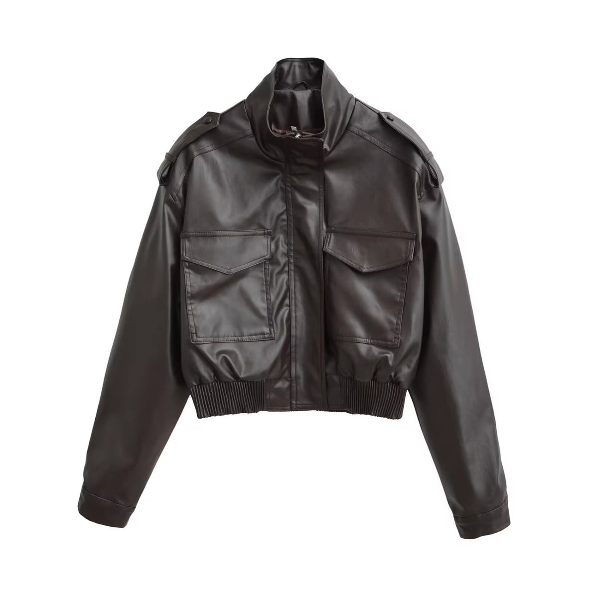 Women's Short PU Leather Bomber Jacket with High Stand-Up Collar, Flap Pockets and Shoulder Epaulettes Fashion Glam