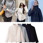 Women's Boxy Wool Blend Caban Jacket with Stand Collar and Dropped Shoulders Fashion Glam
