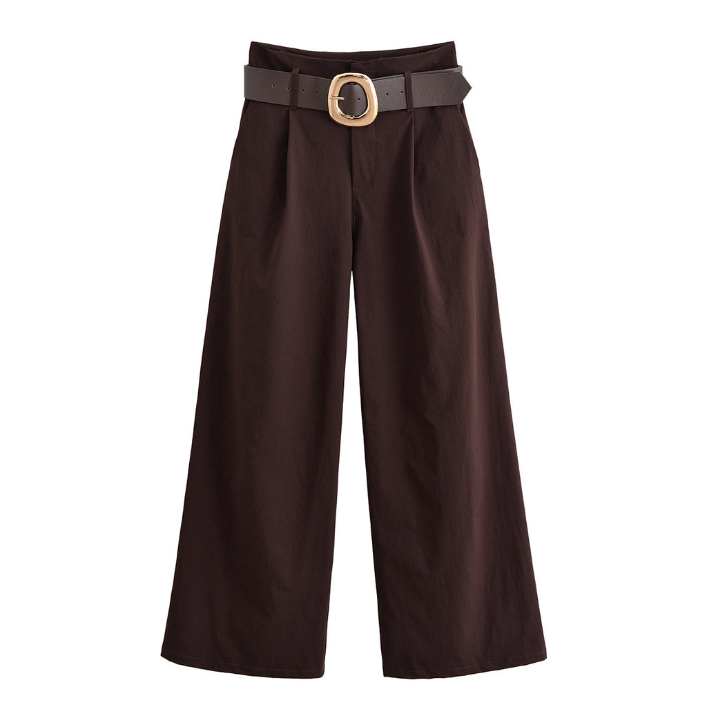 Women's high-waisted culotte pants with wide leg, pleats and statement belt Fashion Glam