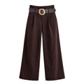 Women's high-waisted culotte pants with wide leg, pleats and statement belt Fashion Glam