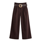 Women's high-waisted culotte pants with wide leg, pleats and statement belt Fashion Glam