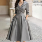 Women's Elegant Satin Midi Dress with Wrap Top, Mid-Length Sleeves and Side Pockets Fashion Glam