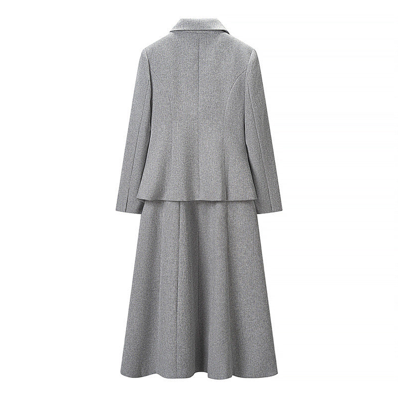 Women Two-Piece Suit made of Wool Blend with Tailored Short Blazer and Flared Midi Skirt Fashion Glam