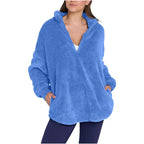 Women Fluffy Oversized Sherpa Pullover with Half Zip and Kangaroo Pockets Fashion Glam
