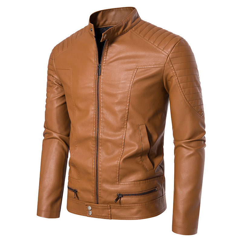 Men's Slim Biker Blouson Faux Leather Jacket with Stand Collar, Decorative Stitching and Zipper Pockets Fashion Glam