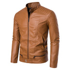 Men's Slim Biker Blouson Faux Leather Jacket with Stand Collar, Decorative Stitching and Zipper Pockets Fashion Glam