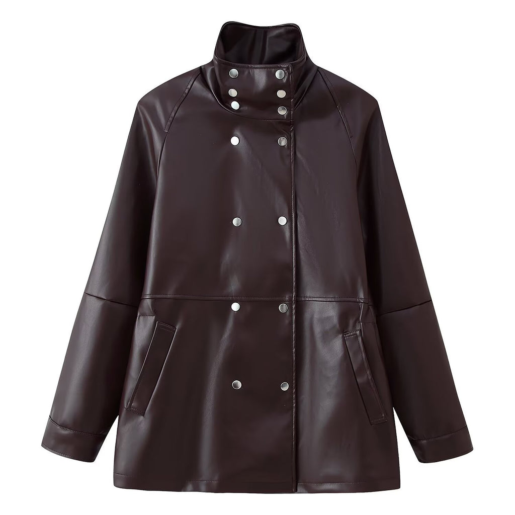 Women's Mid-Length Faux Leather Coat with High Stand-Up Collar and Double-Breasted Snap Buttons Fashion Glam