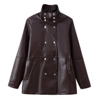 Women's Mid-Length Faux Leather Coat with High Stand-Up Collar and Double-Breasted Snap Buttons Fashion Glam