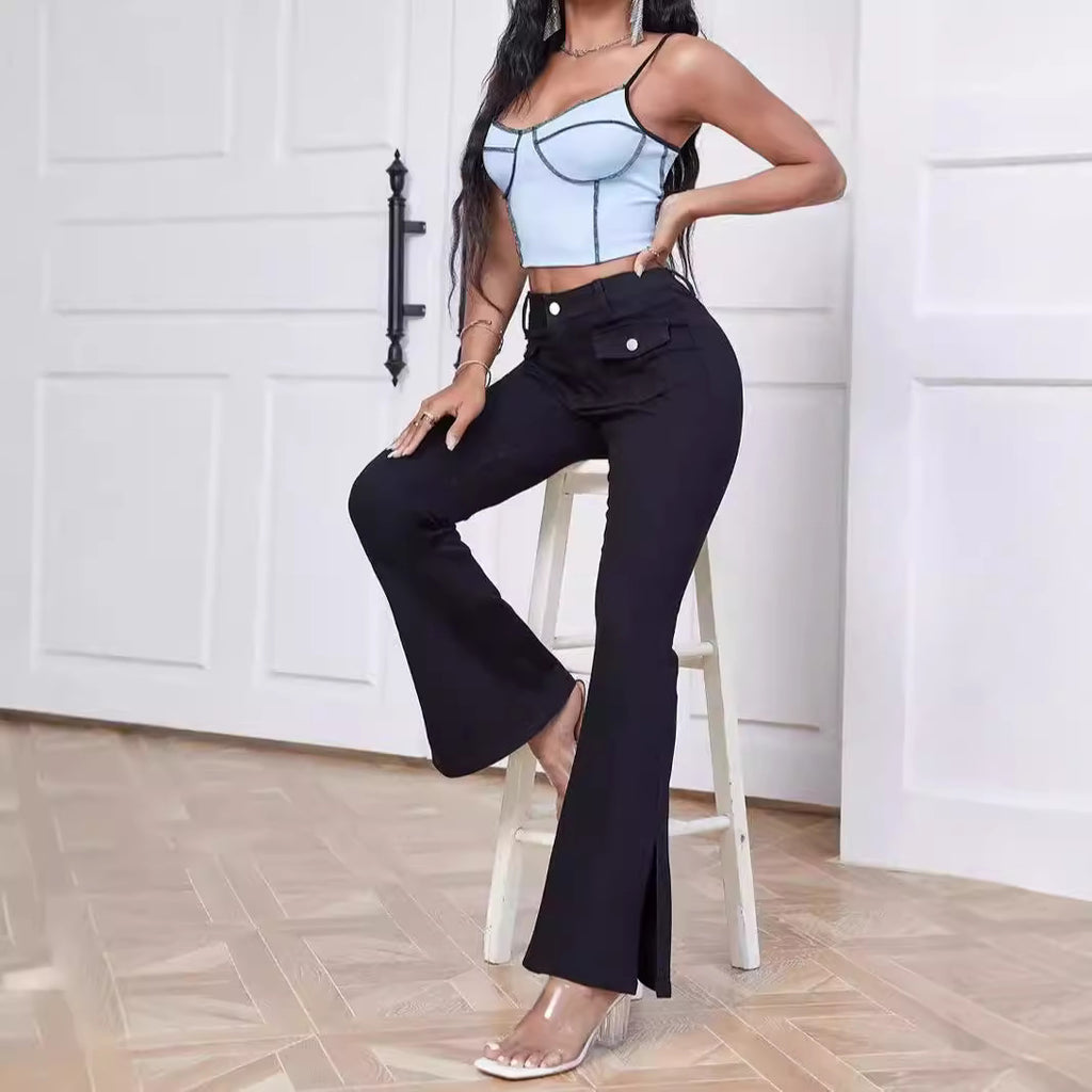 Women High-Waist Flared Trousers made of Stretch Denim with Pocket Flaps and Front Slit Fashion Glam