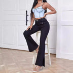 Women High-Waist Flared Trousers made of Stretch Denim with Pocket Flaps and Front Slit Fashion Glam