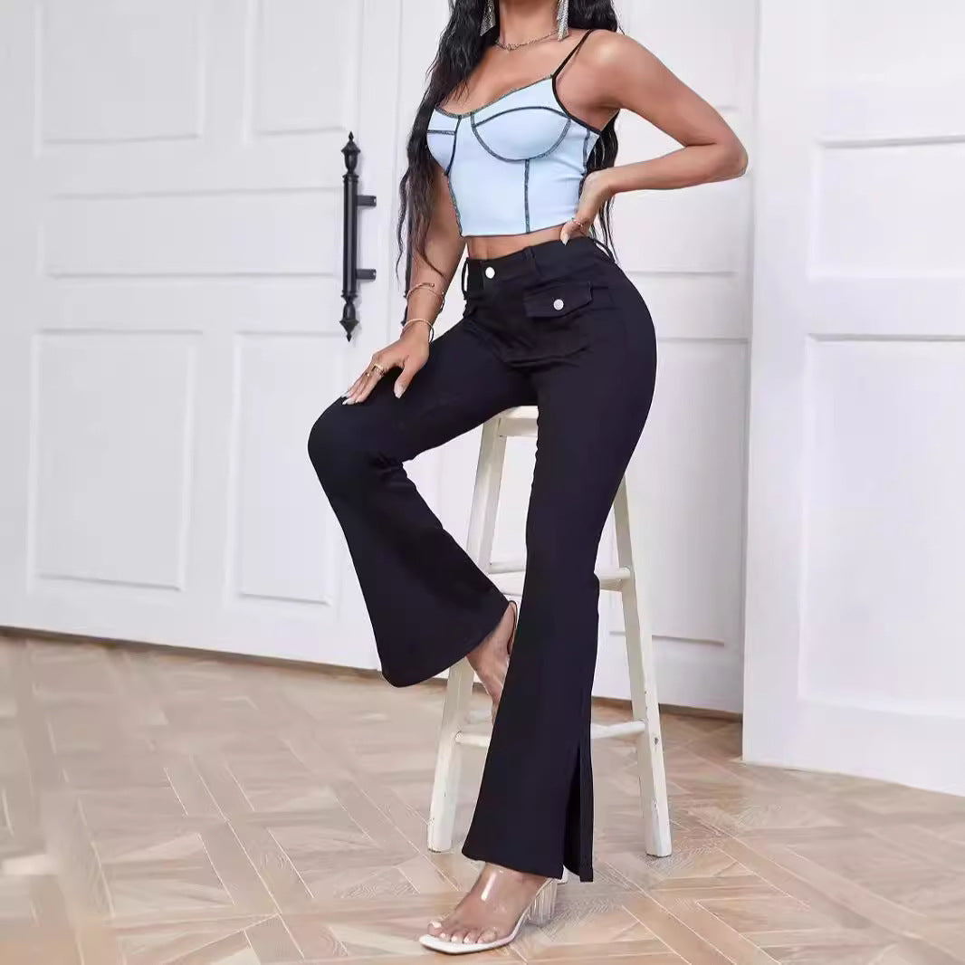 Women High-Waist Flared Trousers made of Stretch Denim with Pocket Flaps and Front Slit Fashion Glam