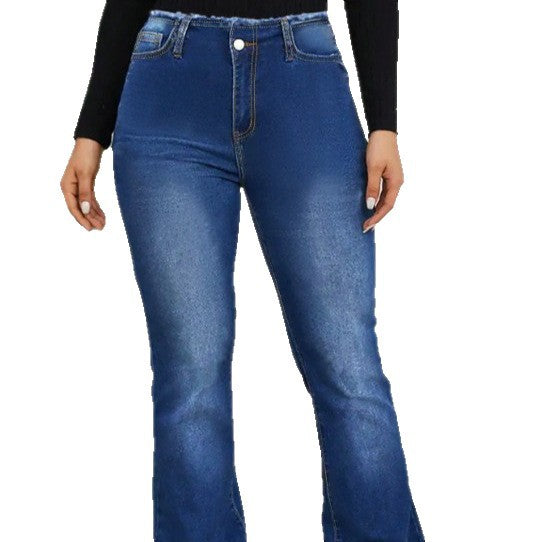 Women's High-Waisted Elastic Jeans with Bootcut and Frayed Hem Fashion Glam